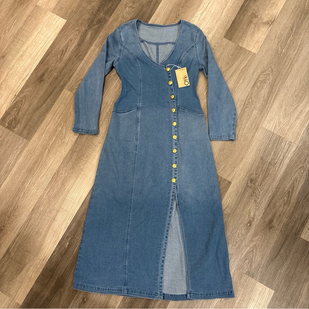 NWT OYROSY Jean Long Dress Blue -Small- Country Vibes Front Slit Gold Buttons